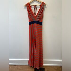 Eva Franco Anthropologie Maxi Dress Orange Striped Waisttie Sleeveless Large L